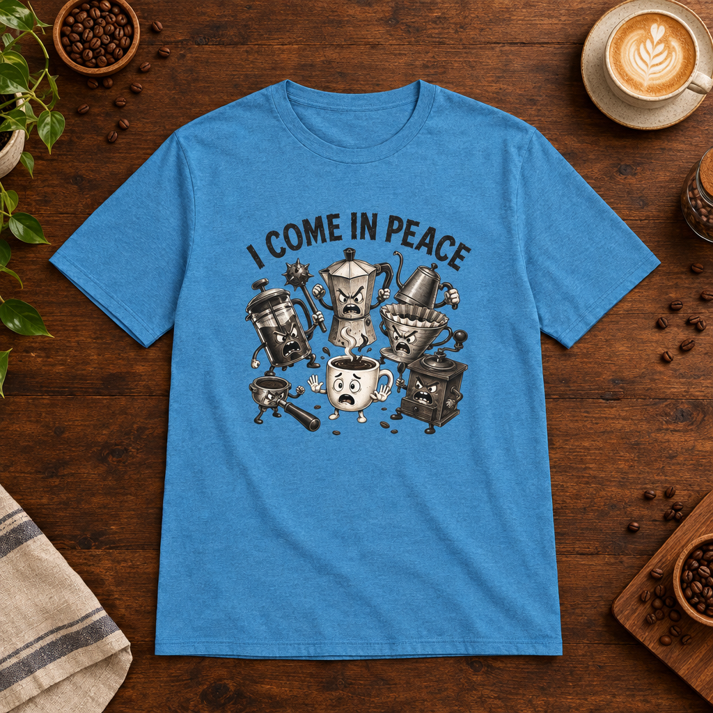 I Come in Peace T-Shirt Heather Sapphire on warm coffee bar