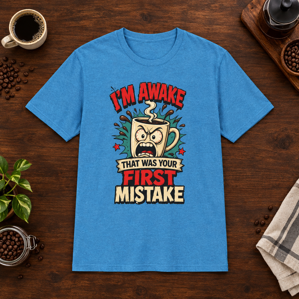 I'm Awake T-Shirt Heather Sapphire short-sleeve coffee-bar flat lay