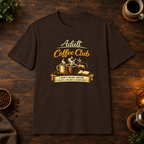 Adult Coffee Club T-Shirt in Dark Chocolate, overhead coffee-bar flat-lay mockup