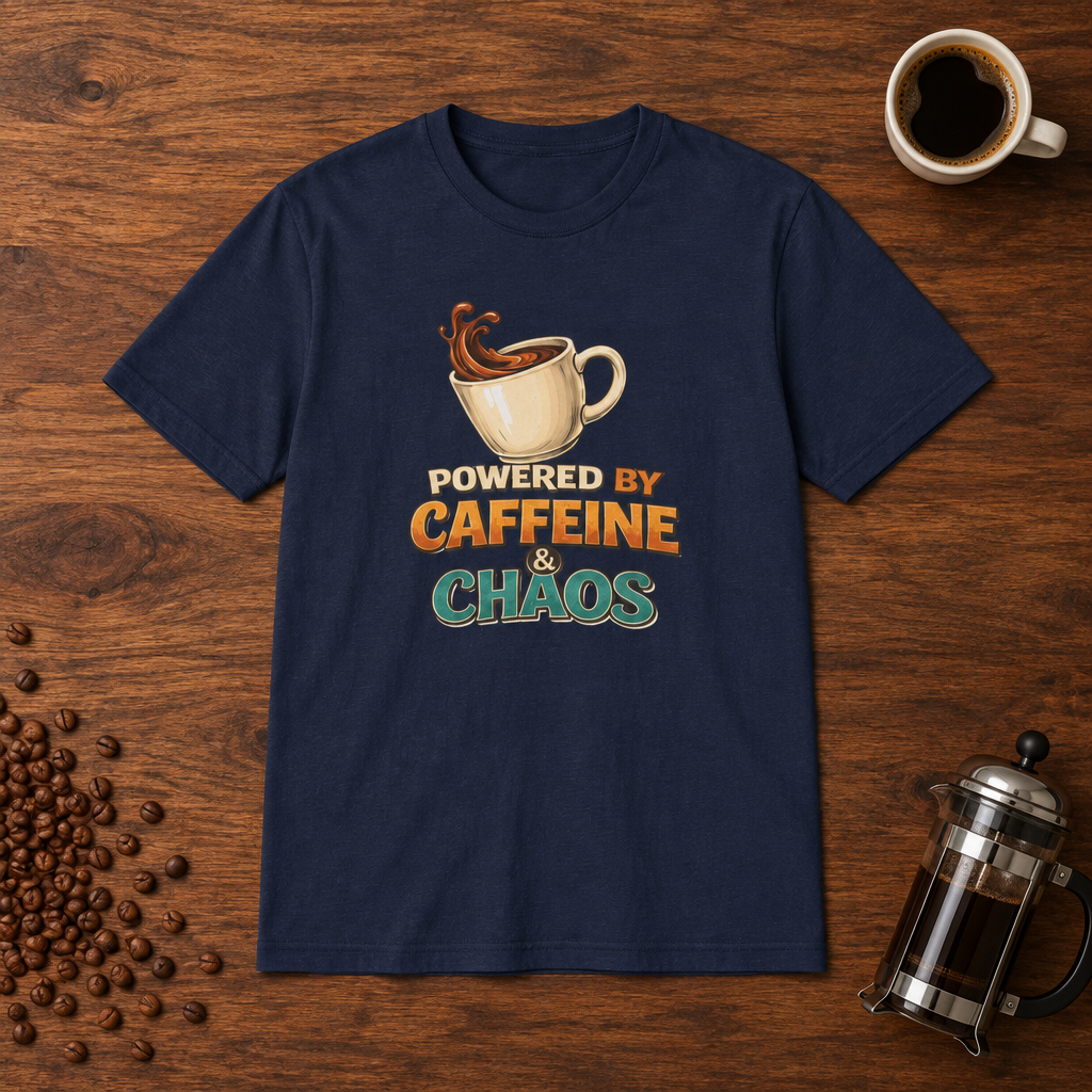 Powered by Caffeine and Chaos T-Shirt Navy coffee-bar flat lay