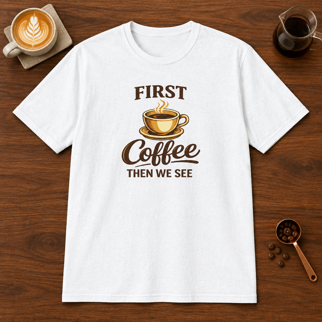 First Coffee Then We See T-Shirt White coffee bar mockup