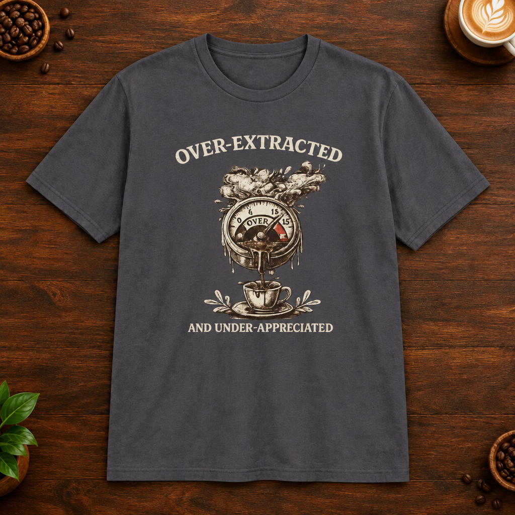 Over-Extracted T-Shirt in Charcoal on a wooden coffee-themed background