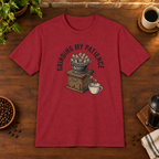 Grinding My Patience T-Shirt Antique Cherry Red coffee-bar flat lay, consistent framing