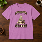 The Day is Starting T-Shirt Heather Radiant Orchid short-sleeve coffee-bar flat lay