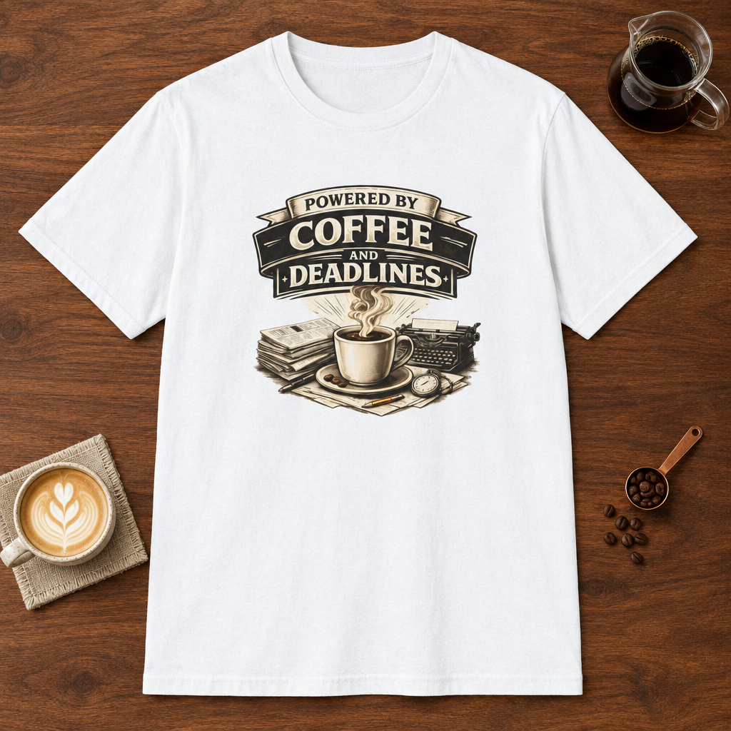 Powered by Coffee and Deadlines T-Shirt White coffee bar mockup