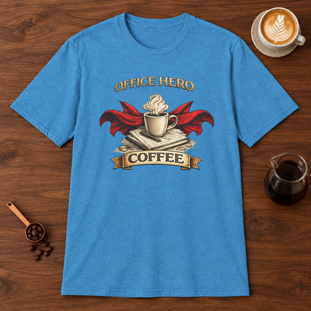 Office Hero Coffee T-Shirt Heather Sapphire coffee bar mockup