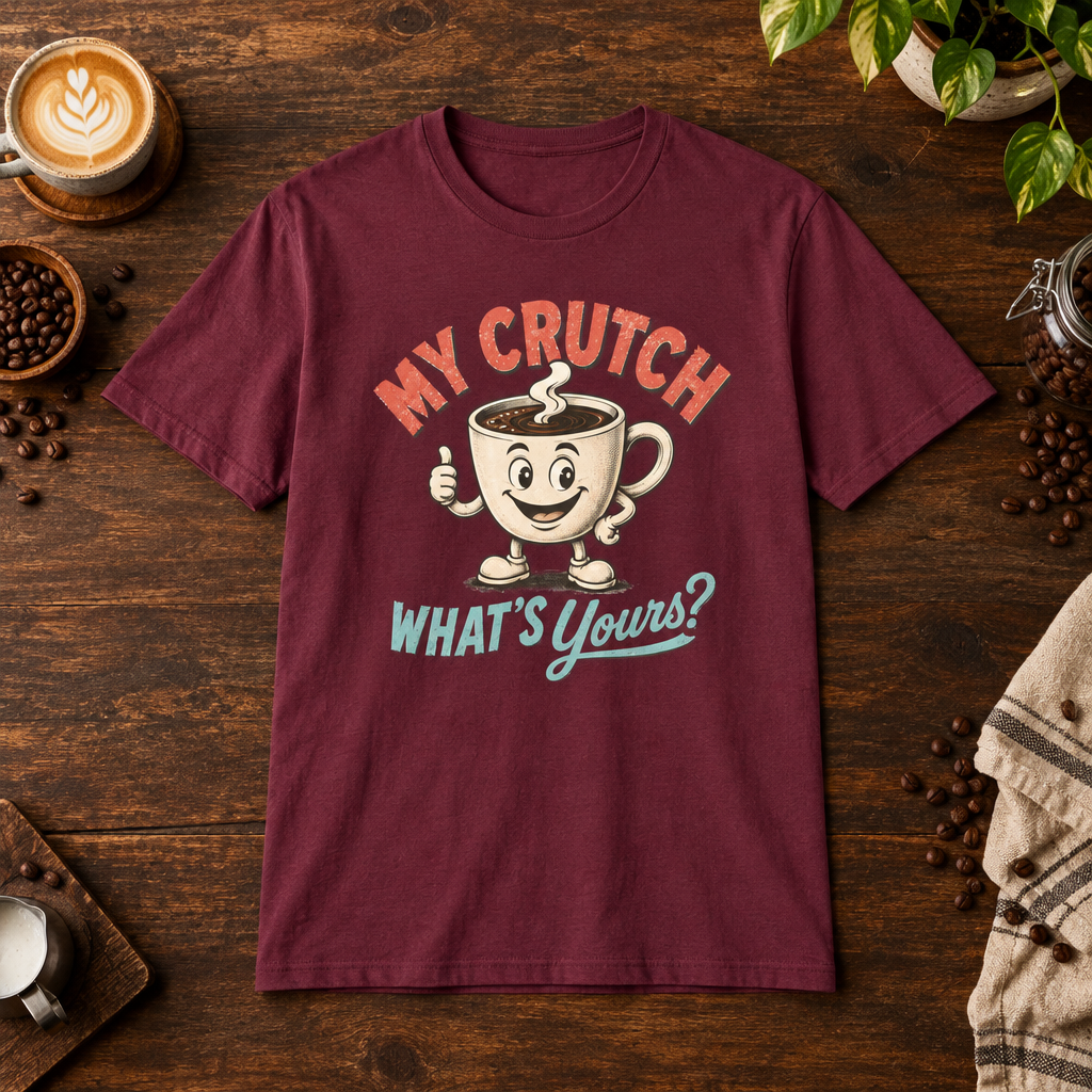 My Crutch T-Shirt Maroon on warm coffee bar