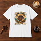 Bean There Drank That T-Shirt White flat lay on walnut coffee bar