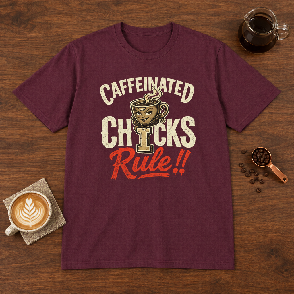 Caffeinated Chicks T-Shirt Maroon coffee bar mockup