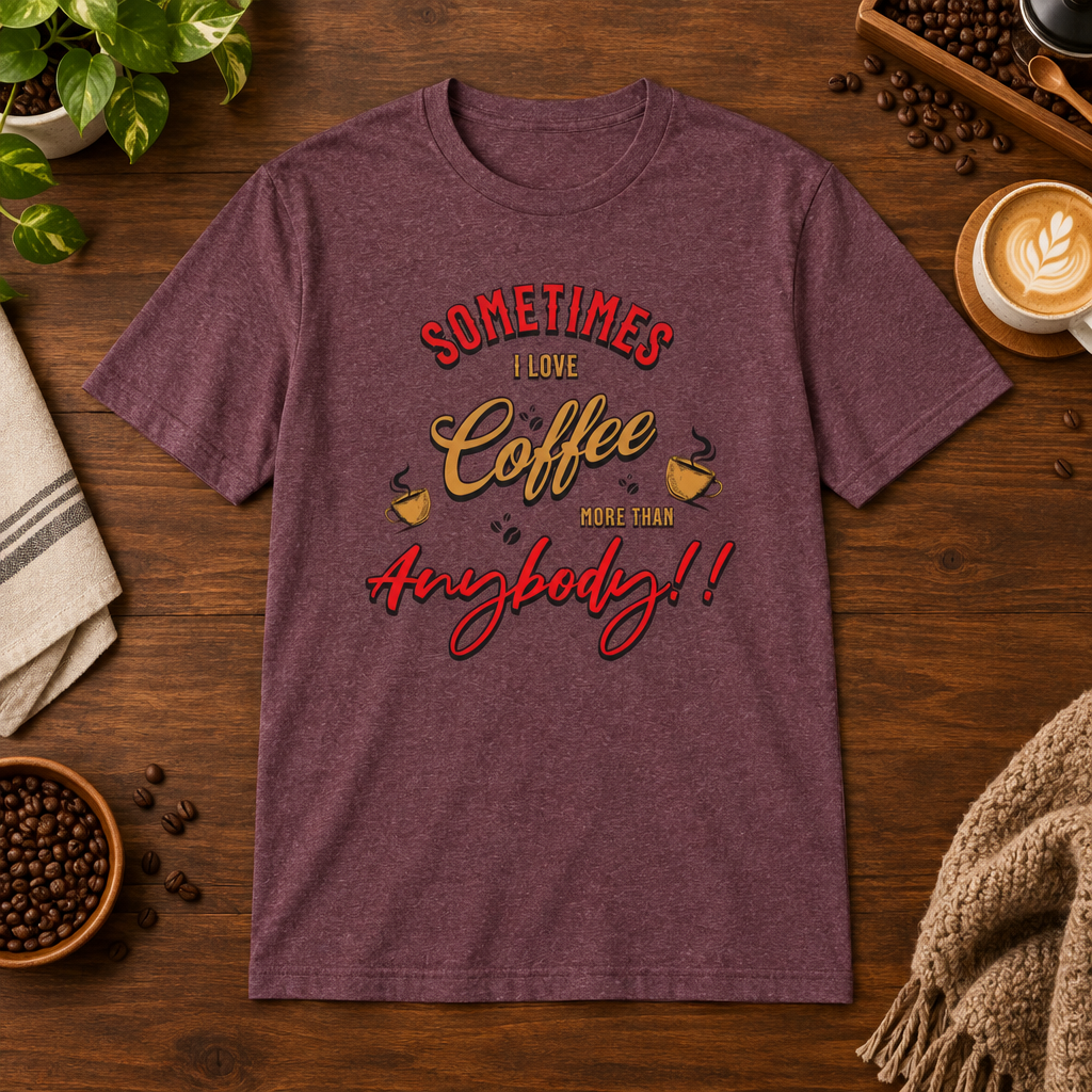 Sometimes I Love Coffee T-Shirt Heather Maroon on warm coffee bar