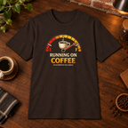 Running on Coffee T-Shirt Dark Chocolate close-fill short-sleeve coffee-bar flat lay