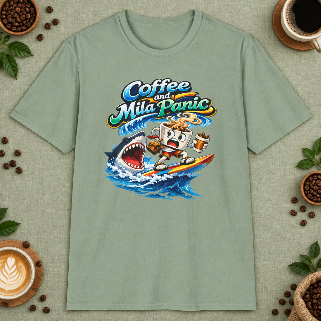 Coffee and Mild Panic 2 T-Shirt in Heather Indigo, zoomed lifestyle mockup