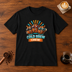 Cold Brew Crew T-Shirt Black flat lay on walnut coffee bar