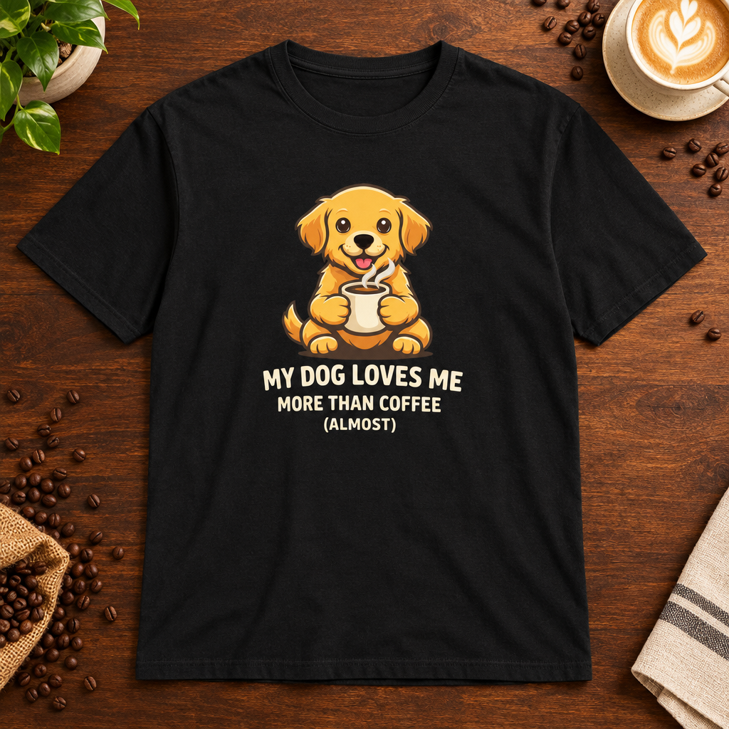 My Dog Loves Me T-Shirt Black on coffee bar