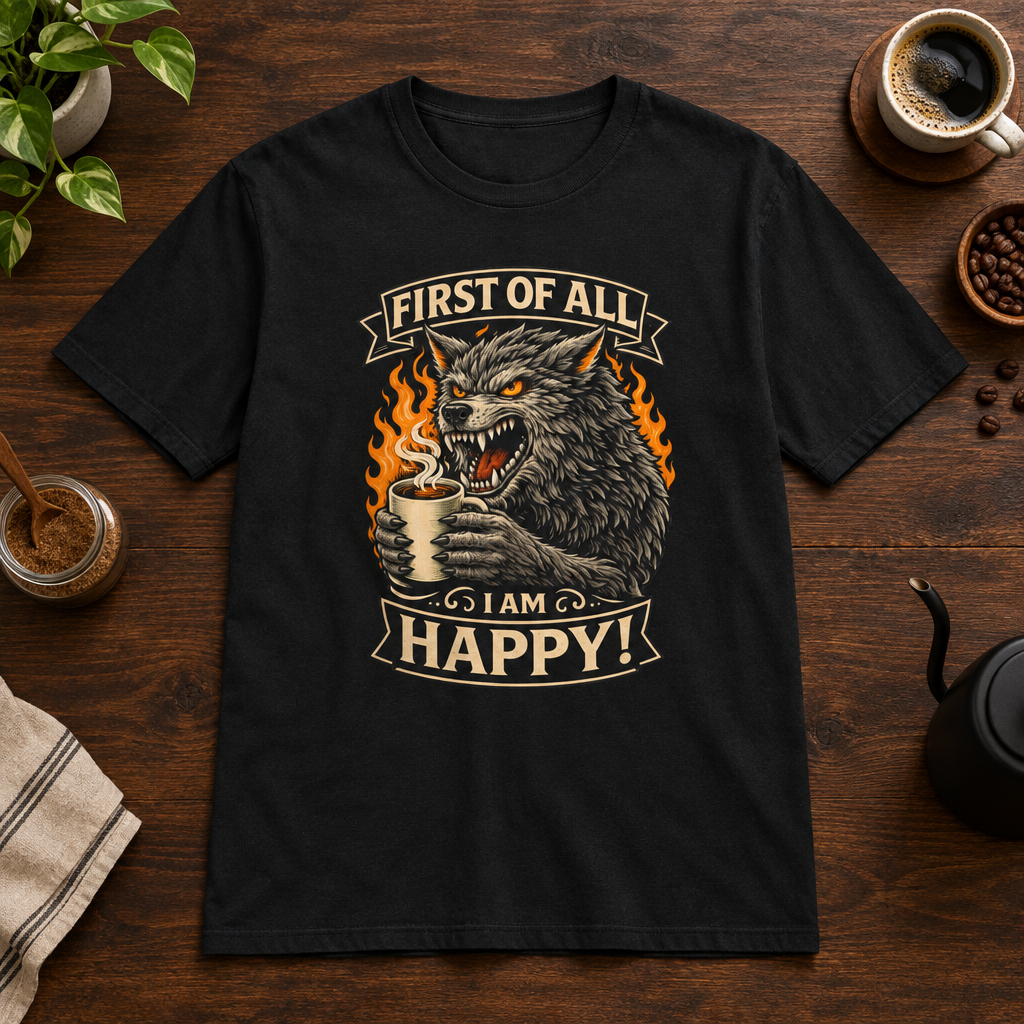 First Of All T-Shirt Black coffee-bar flat lay