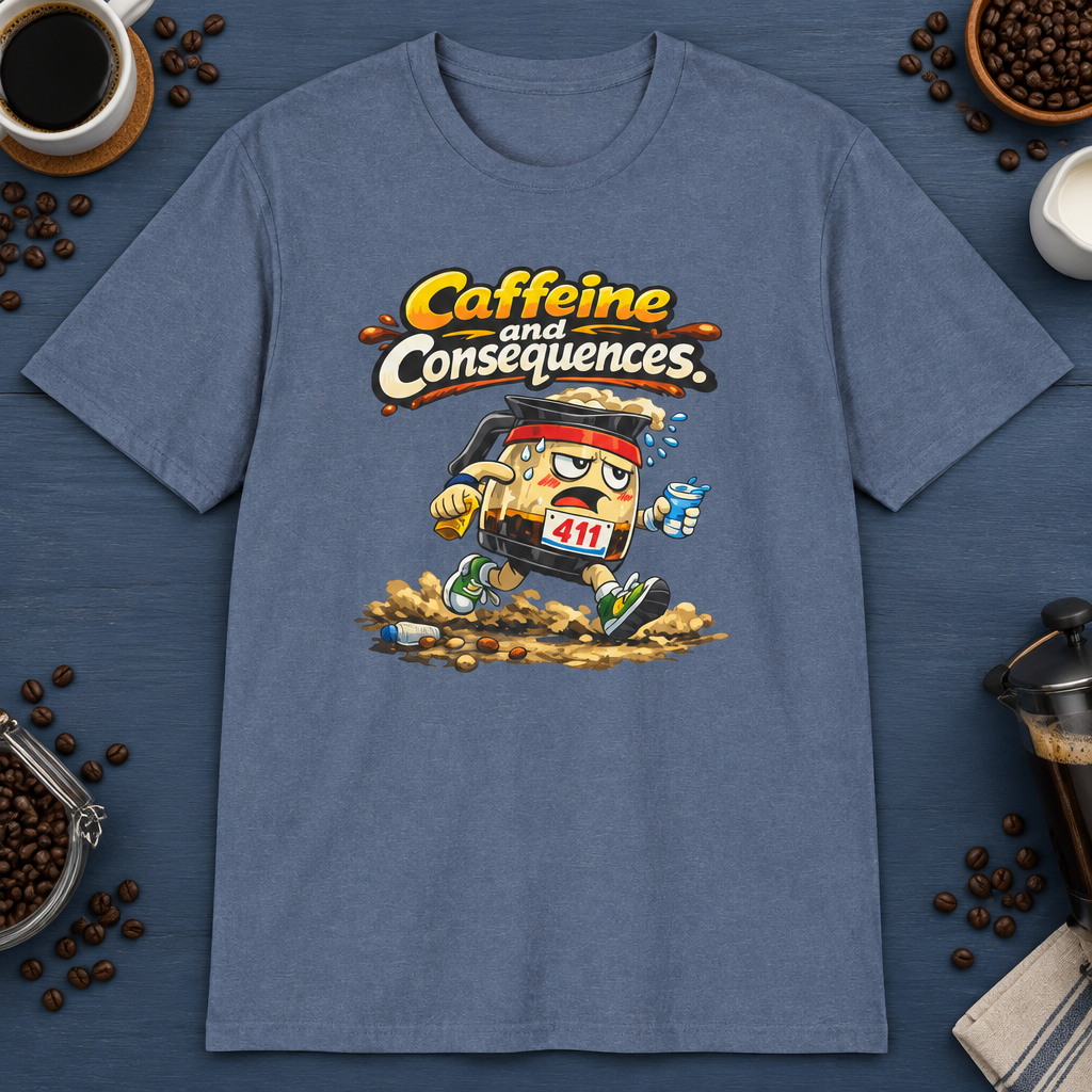 Caffeine and Consequences 2 T-Shirt in Black, zoomed lifestyle mockup