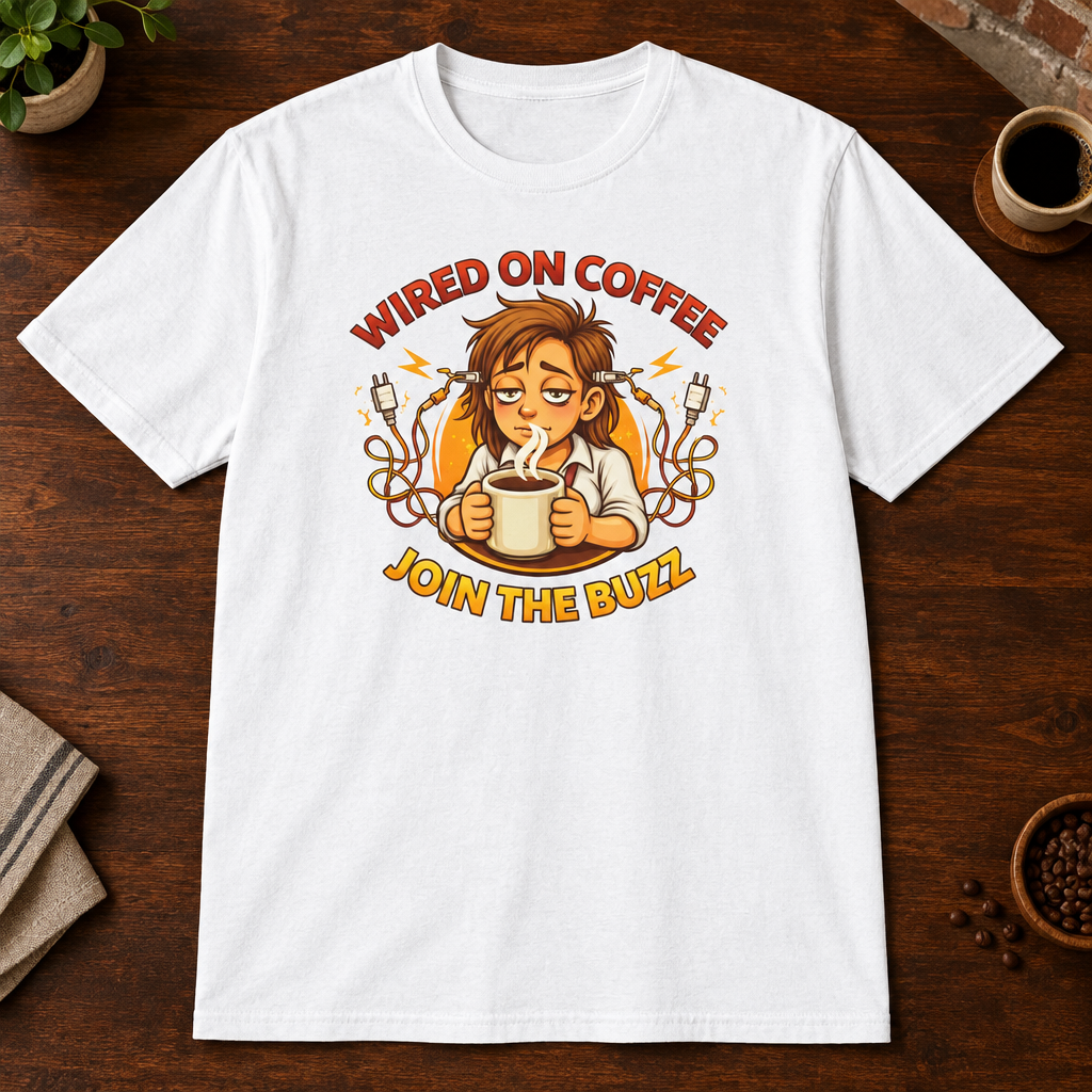 Wired on Coffee T-Shirt White close-fill short-sleeve coffee-bar flat lay