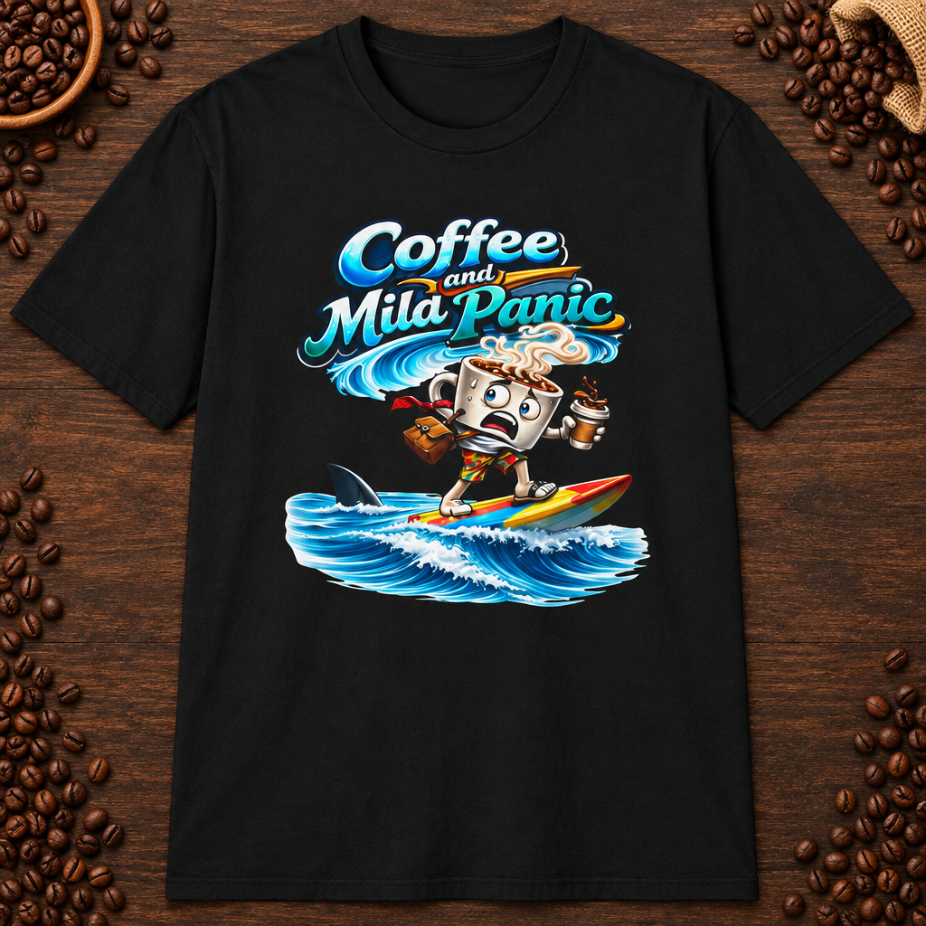 Coffee and Mild Panic T-Shirt in Navy, zoomed lifestyle mockup