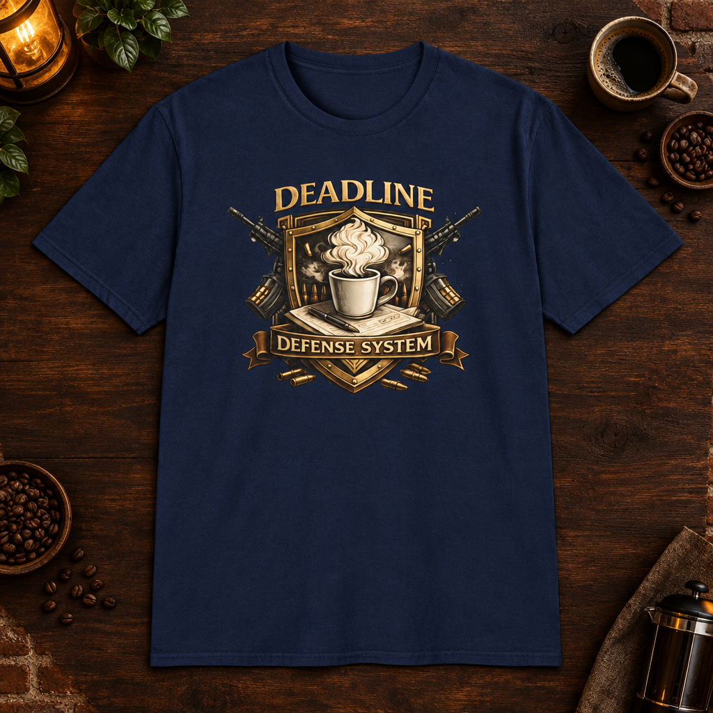 Deadline Defense System T-Shirt in Navy, zoomed lifestyle mockup