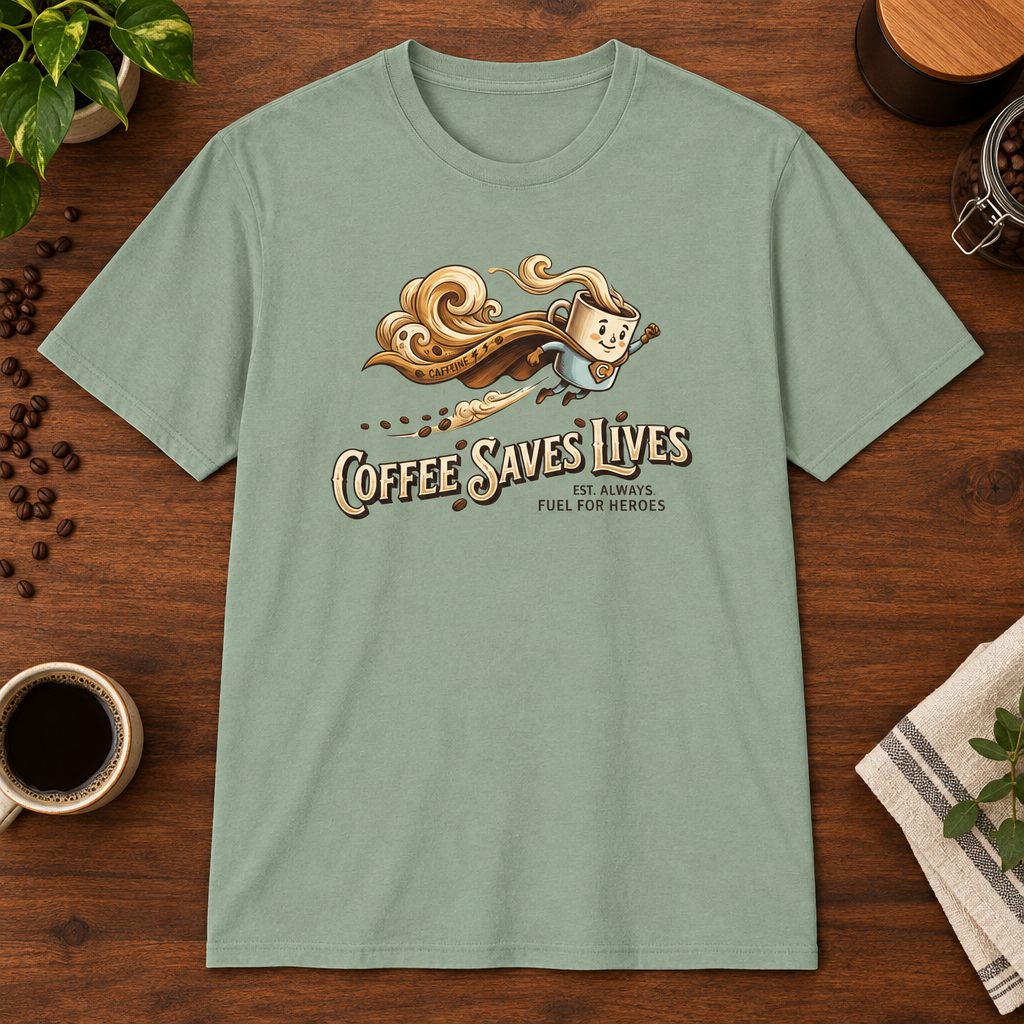 Coffee Saves Lives T-Shirt Sage subtly closer coffee-bar flat lay