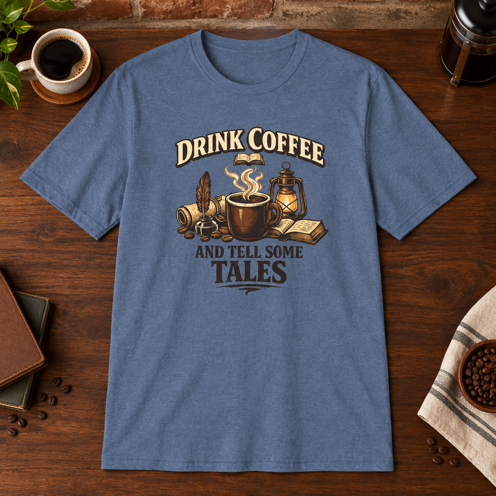 Tell Tales T-Shirt Heather Indigo close-fill short-sleeve coffee-bar flat lay