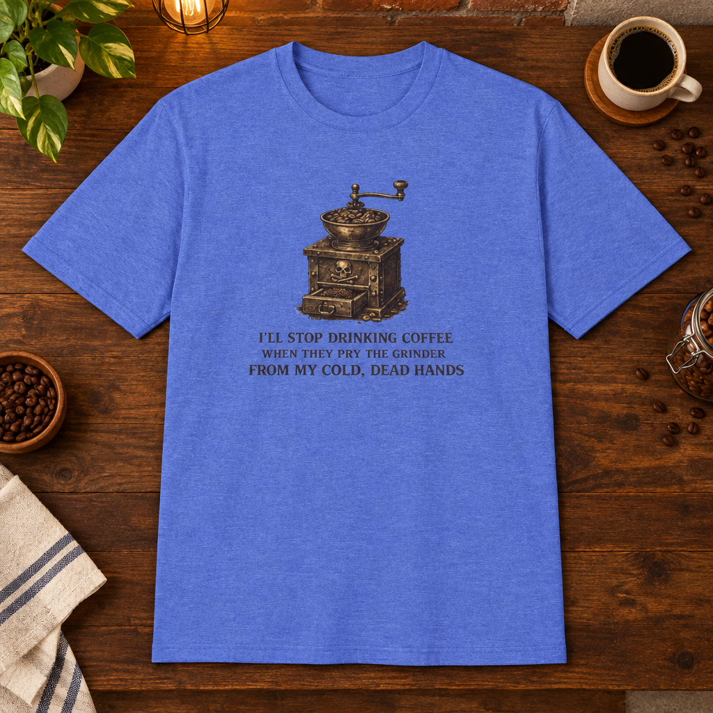 I'll Stop Drinking T-Shirt Heather Royal close-fill short-sleeve coffee-bar flat lay