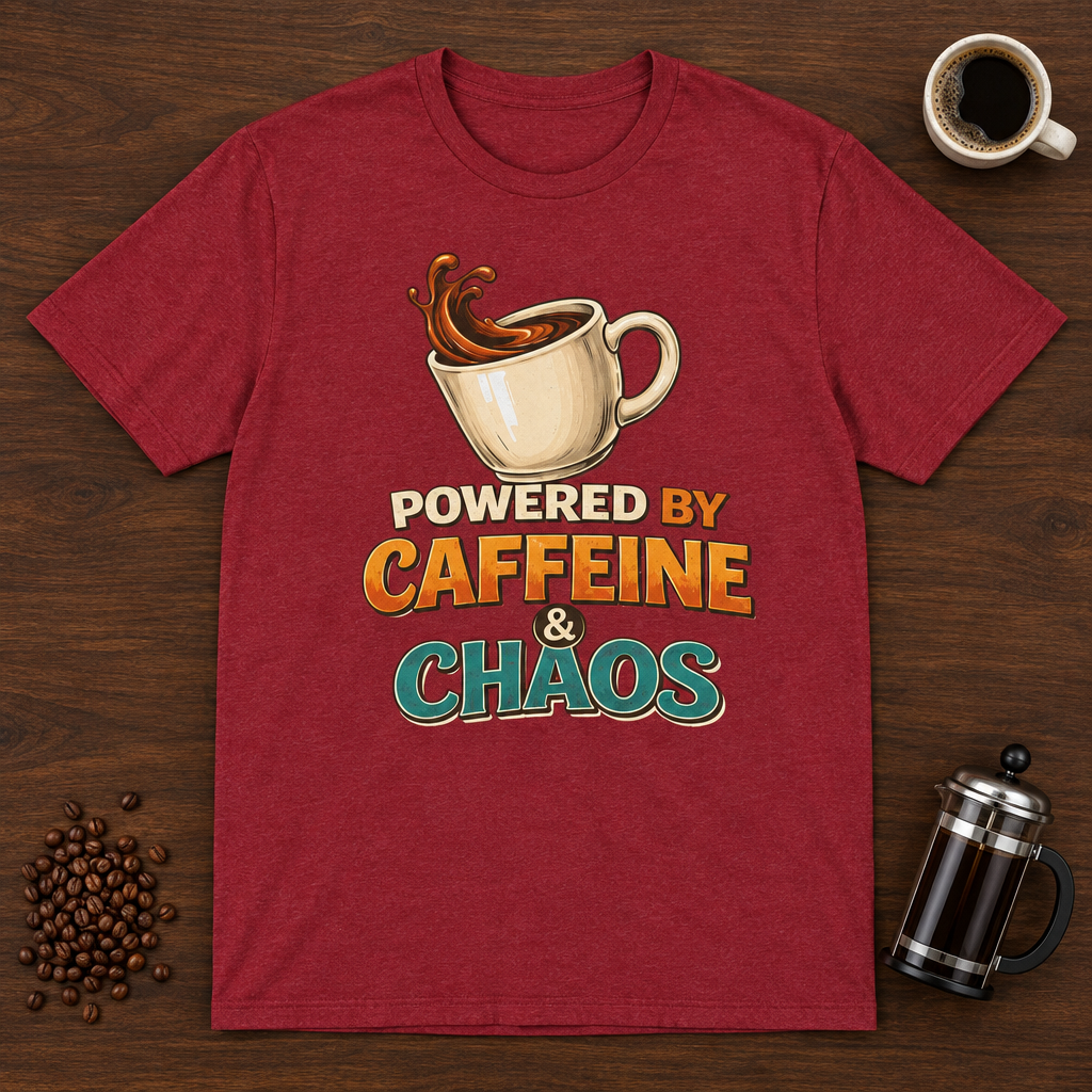 Powered by Caffeine and Chaos T-Shirt Antique Cherry Red coffee-bar flat lay