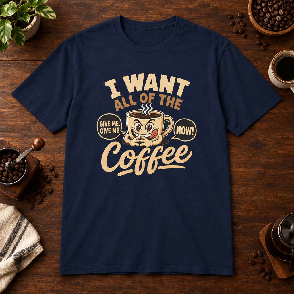 I Want All of the Coffee T-Shirt Navy on warm coffee bar