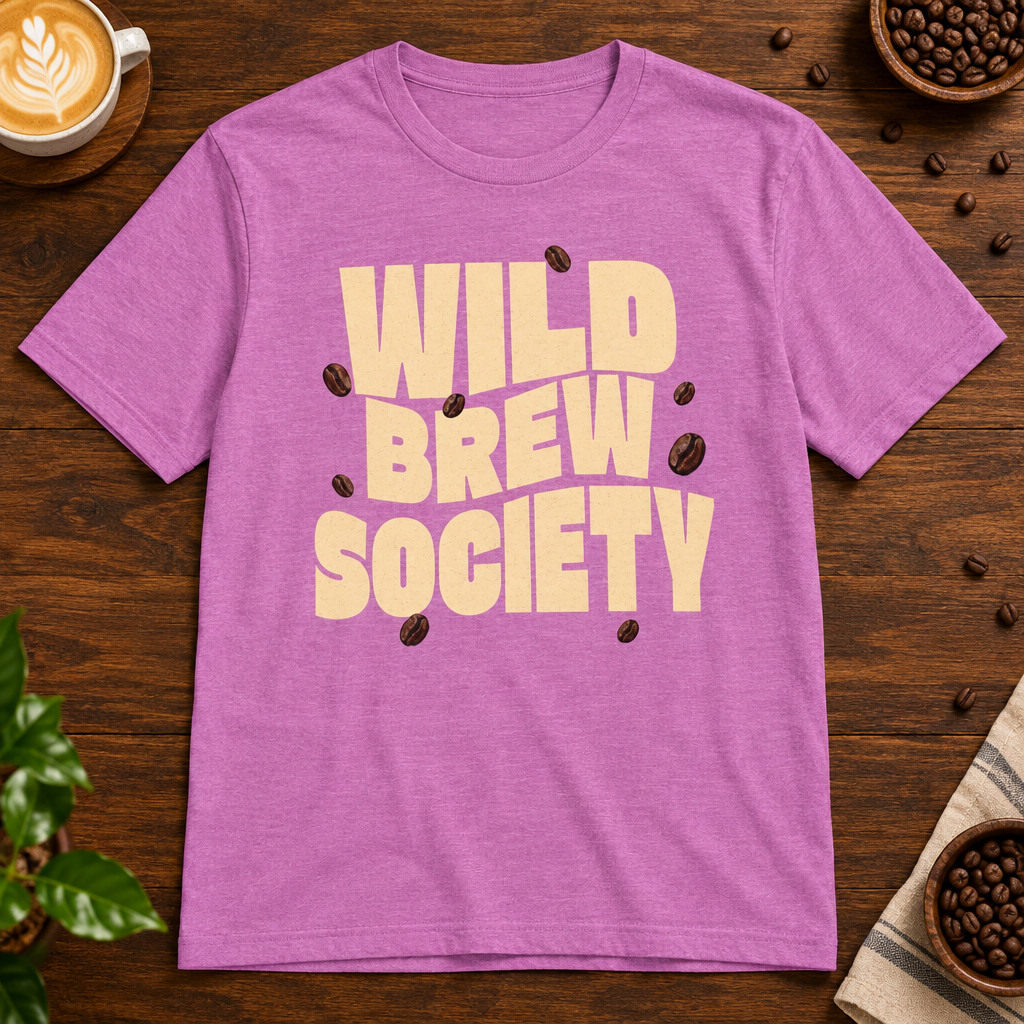 Wild Brew Society T-Shirt Heather Radiant Orchid on a warm coffee bar