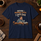Before Morning Coffee T-Shirt in Navy, coffee bar flat lay mockup