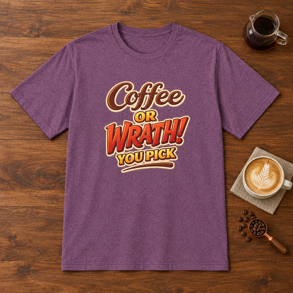 Coffee or Wrath T-Shirt Heather Maroon coffee bar mockup