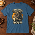 I Am Happy T-Shirt Indigo Blue on warm coffee bar