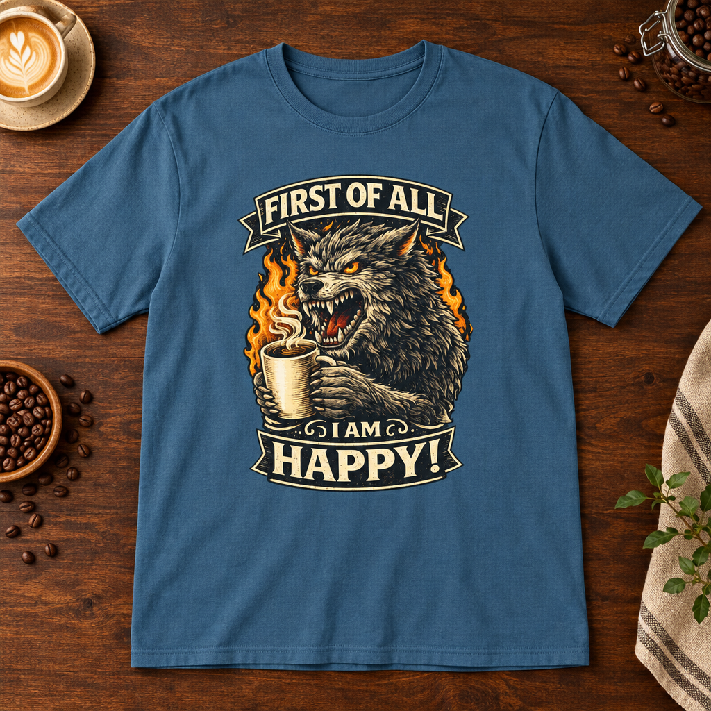 I Am Happy T-Shirt Indigo Blue on warm coffee bar