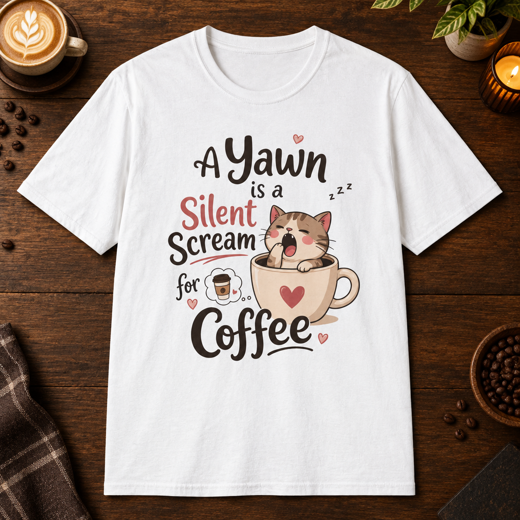 A Kitten’s Yawn T-Shirt in White, overhead coffee-bar flat-lay mockup