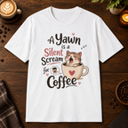 A Kitten’s Yawn T-Shirt in White, overhead coffee-bar flat-lay mockup