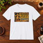 Warning Sign T-Shirt White coffee-bar flat lay, Sport Grey-matched framing