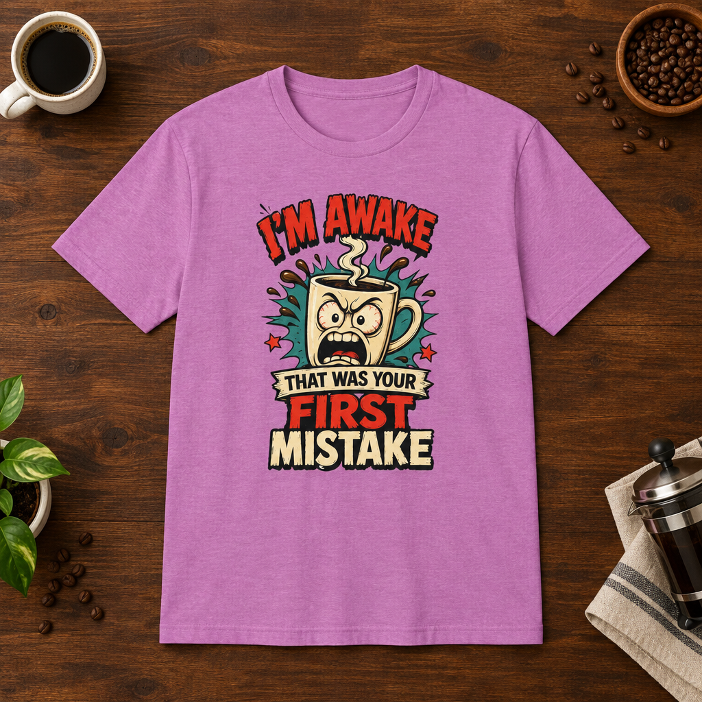 I'm Awake T-Shirt Heather Radiant Orchid short-sleeve coffee-bar flat lay