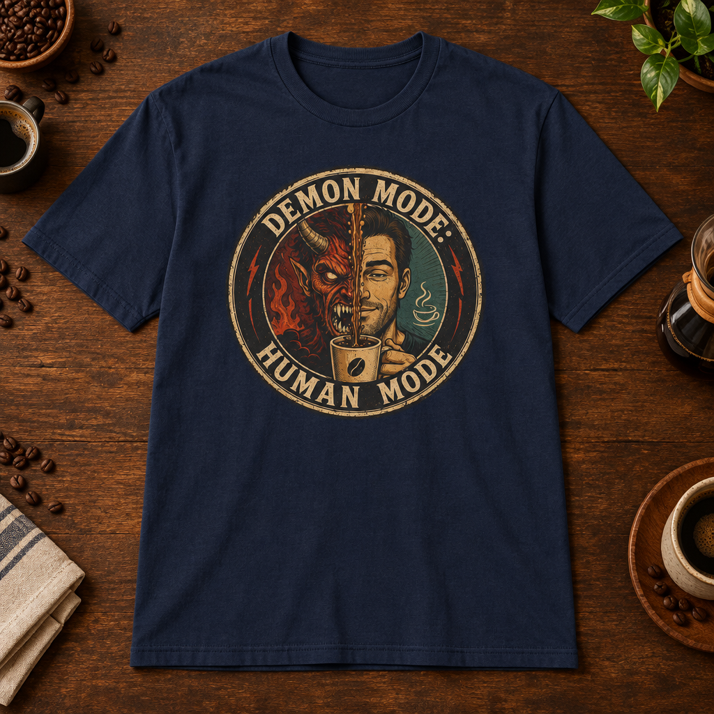 Demon Mode T-Shirt Navy coffee-bar flat lay