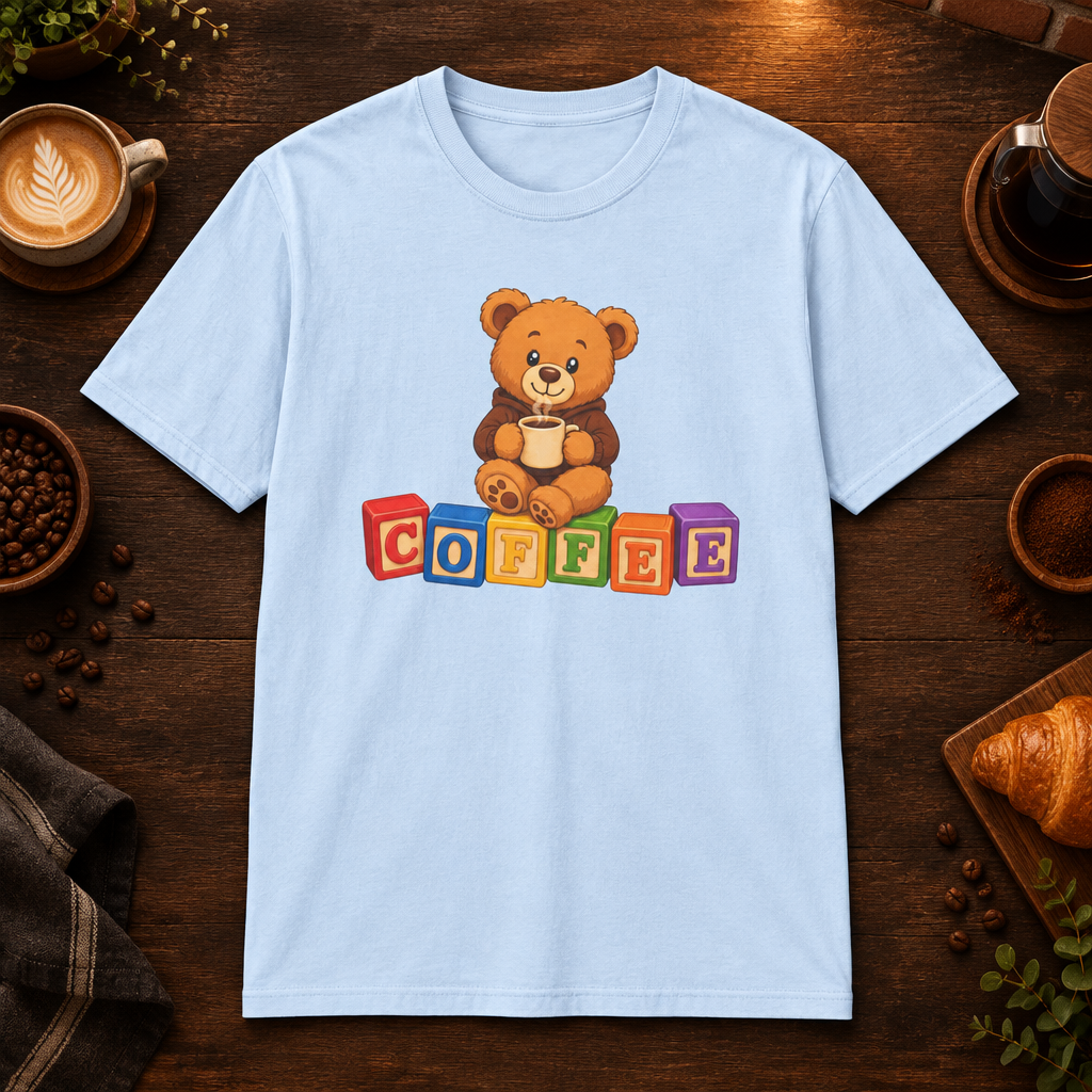 Teddy Bear T-Shirt in Light Blue, coffee bar flat lay mockup