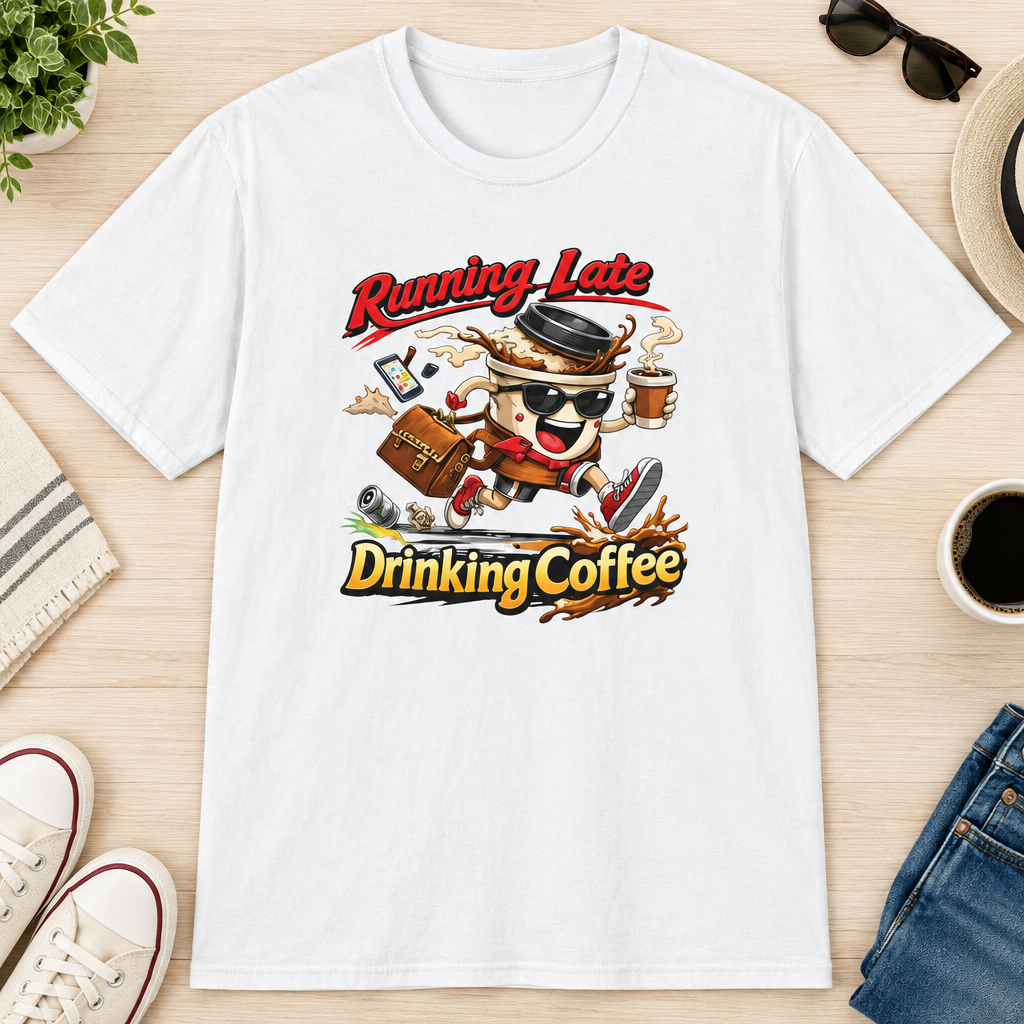 Running Late Drinking Coffee T-Shirt in Metro Blue, zoomed lifestyle mockup
