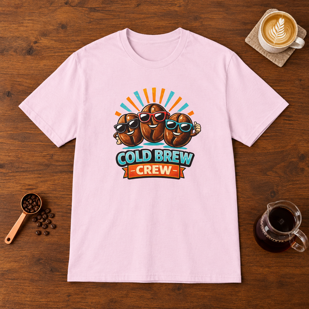 Cold Brew Crew T-Shirt Light Pink flat lay on walnut coffee bar