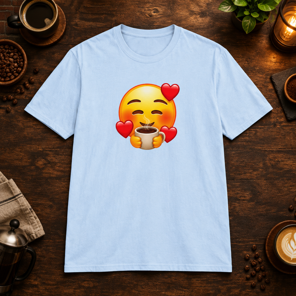 Coffee Lover T-Shirt in Light Blue, coffee bar flat lay mockup