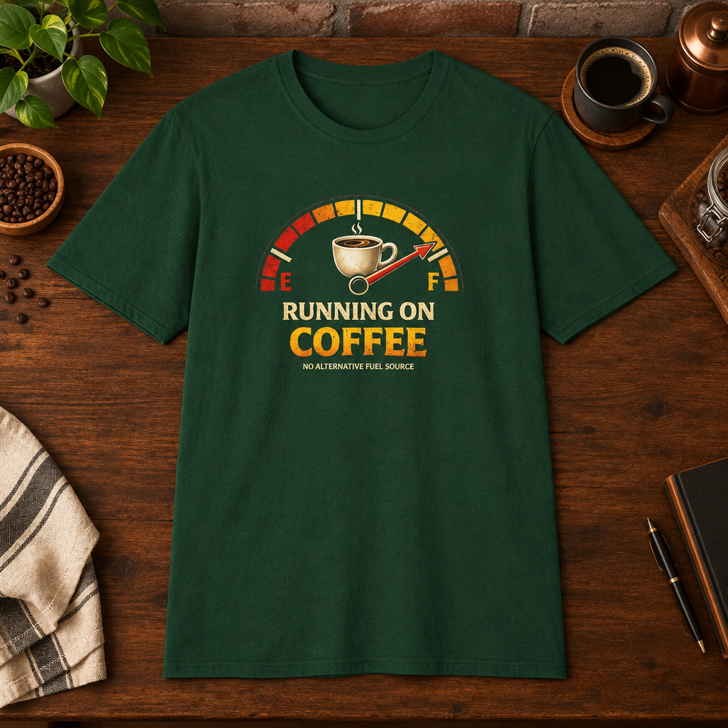 Running on Coffee T-Shirt Forest Green close-fill short-sleeve coffee-bar flat lay