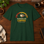 Running on Coffee T-Shirt Forest Green close-fill short-sleeve coffee-bar flat lay