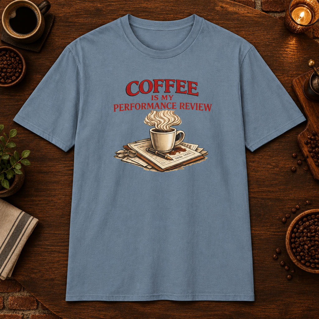 Coffee is My Performance Review T-Shirt in Stone Blue, zoomed lifestyle mockup