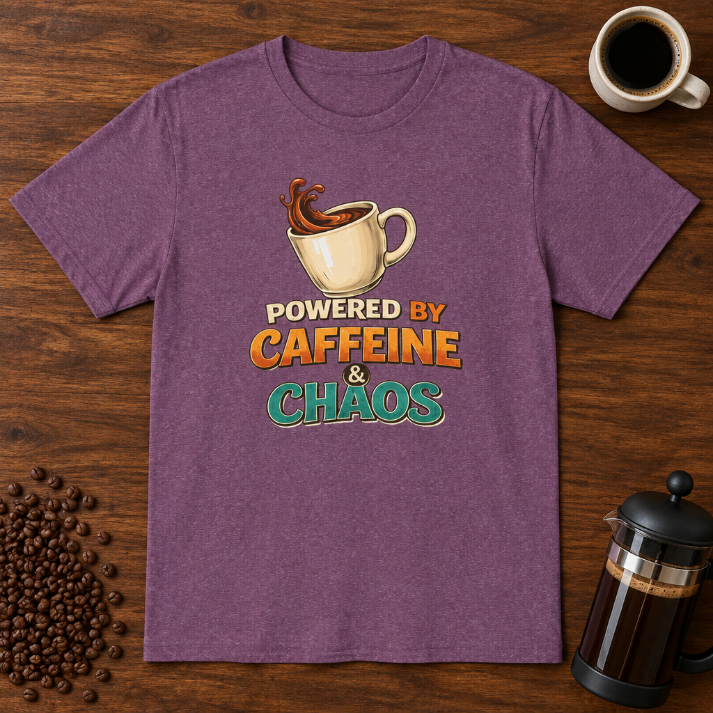 Powered by Caffeine and Chaos T-Shirt Heather Maroon coffee-bar flat lay