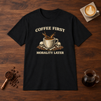 Coffee First Morality Later T-Shirt Black flat lay on walnut coffee bar