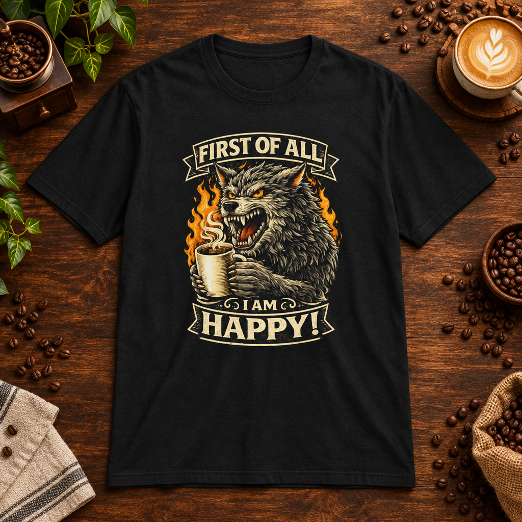 I Am Happy T-Shirt Black on warm coffee bar