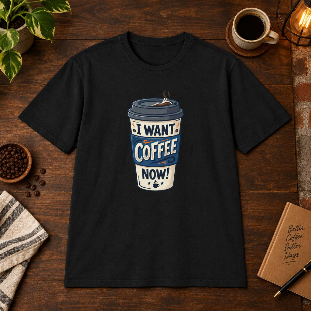 White Coffee Cup T-Shirt Black close-fill short-sleeve coffee-bar flat lay
