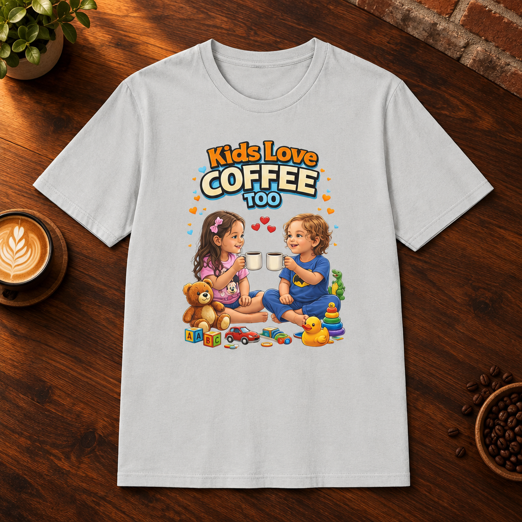 Kids Love Coffee Too T-Shirt Ice Grey close-fill short-sleeve coffee-bar flat lay